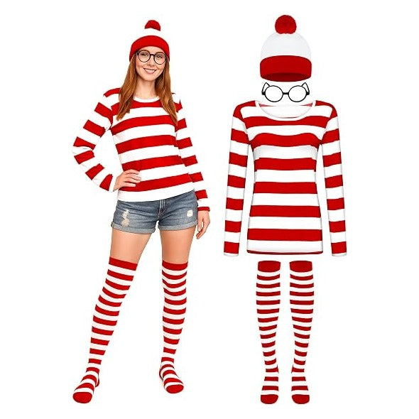 Halloween Costume Sets, Halloween Women Cosplay Red White Striped Shirt Beanie Cap Glasses Socks for Halloween Party