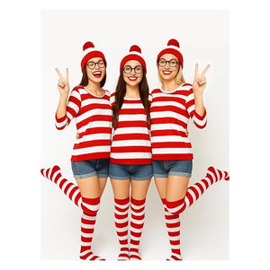 Halloween Costume Sets, Halloween Women Cosplay Red White Striped Shirt Beanie Cap Glasses Socks for Halloween Party