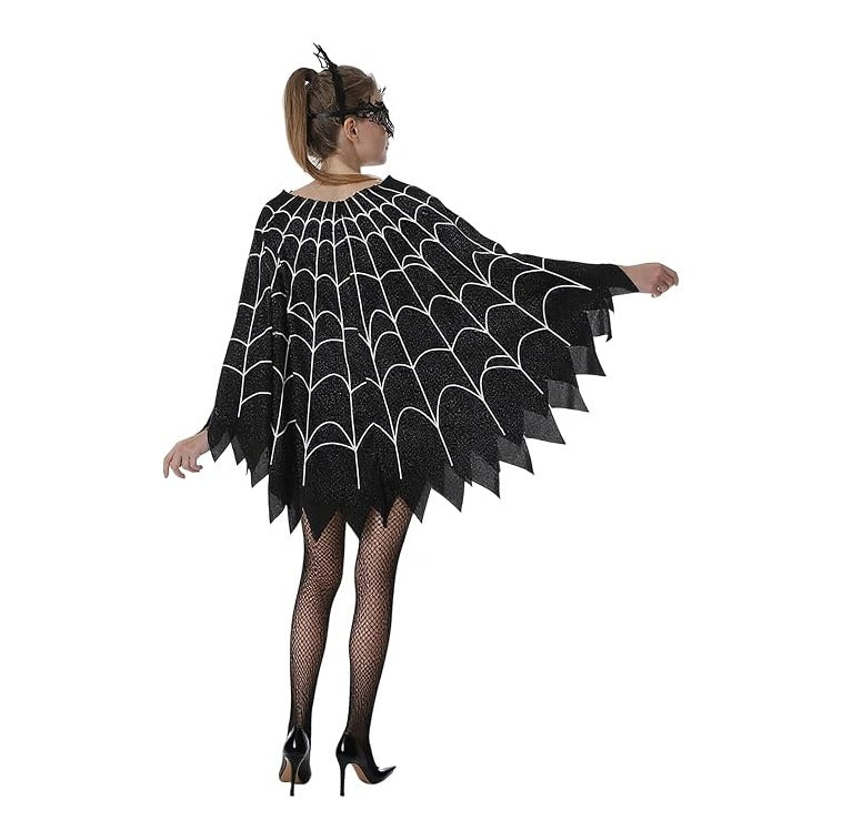 Spider Web Poncho for Women, Glow in the Dark Halloween Dress Cosplay Costume with Headband and Mask Outfit