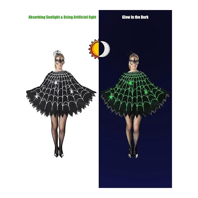 Spider Web Poncho for Women, Glow in the Dark Halloween Dress Cosplay Costume with Headband and Mask Outfit