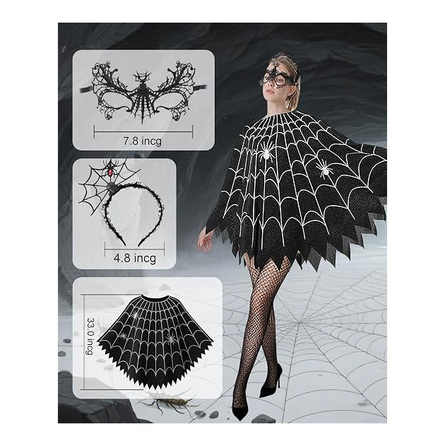 Spider Web Poncho for Women, Glow in the Dark Halloween Dress Cosplay Costume with Headband and Mask Outfit