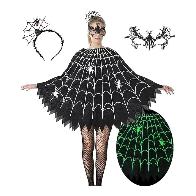 Spider Web Poncho for Women, Glow in the Dark Halloween Dress Cosplay Costume with Headband and Mask Outfit