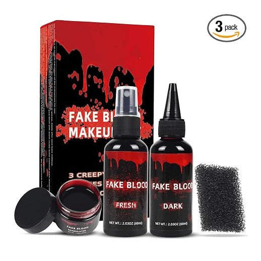 3PCS Halloween Fake Blood Makeup Kit, Fake Blood Dripping 2.03oz + Spray 2.03oz + Coagulated 1.35oz, Realistic Washable Fake Blood for Zombie Monster Mouth Clothes Vampire Cosplay & Dress Up