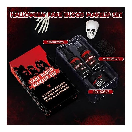 3PCS Halloween Fake Blood Makeup Kit, Fake Blood Dripping 2.03oz + Spray 2.03oz + Coagulated 1.35oz, Realistic Washable Fake Blood for Zombie Monster Mouth Clothes Vampire Cosplay & Dress Up